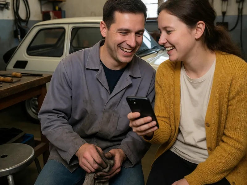 Uśmiechnięty mężczyzna w szarej kurtce roboczej i kobieta w żółtym swetrze patrzą razem w telefon w garażu, za nimi stary mały samochód.