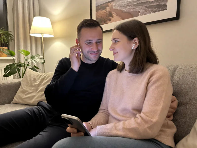 Para na kanapie w salonie: mężczyzna ze słuchawką w uchu uśmiecha się, kobieta patrzy na niego, w ręku trzyma telefon.