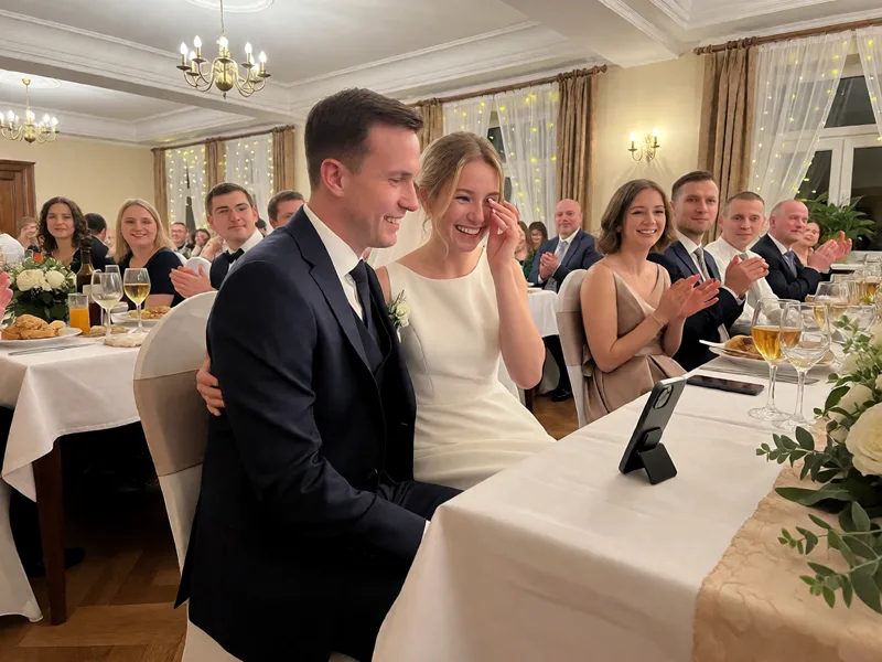 Para młoda przy weselnym stole: panna młoda ociera łzę, pan młody uśmiecha się, telefon stoi oparty na stole, goście w tle klaszczą.